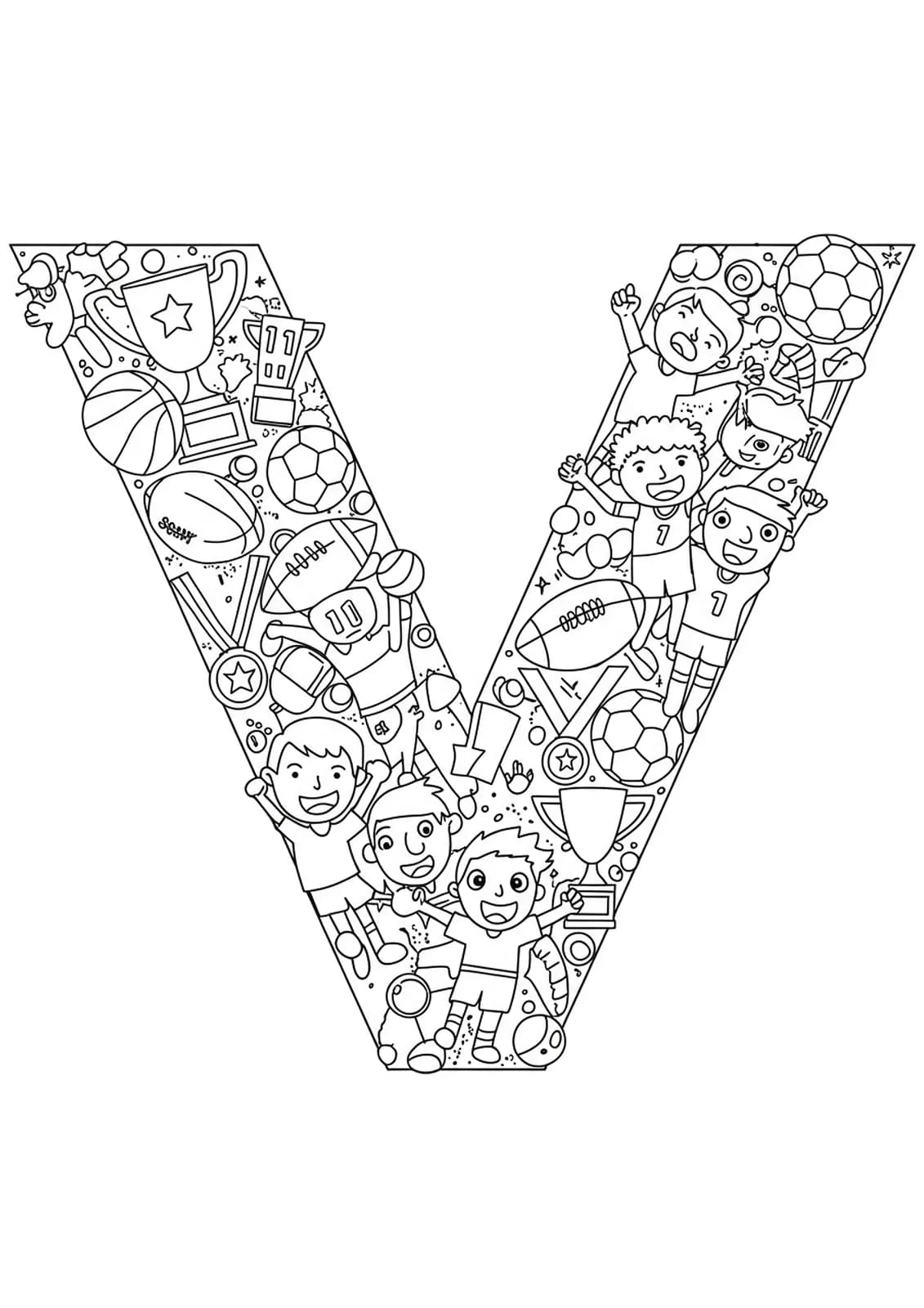 Black and white line art showing the letter V with trophies, medals, and sports equipment, medium detail for elementary kids.