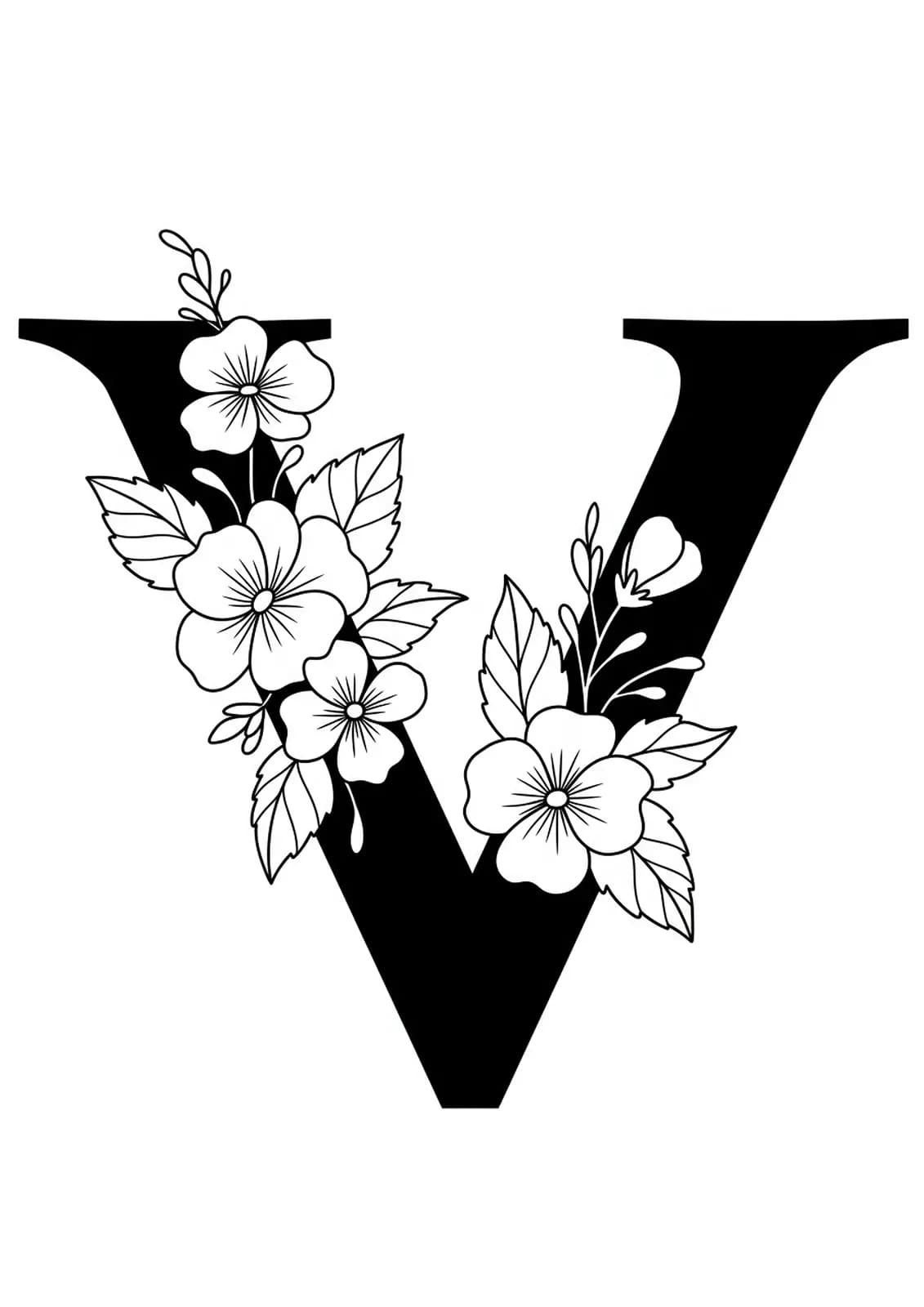 Large letter V surrounded by big violet flowers, easy spring coloring page for kids.