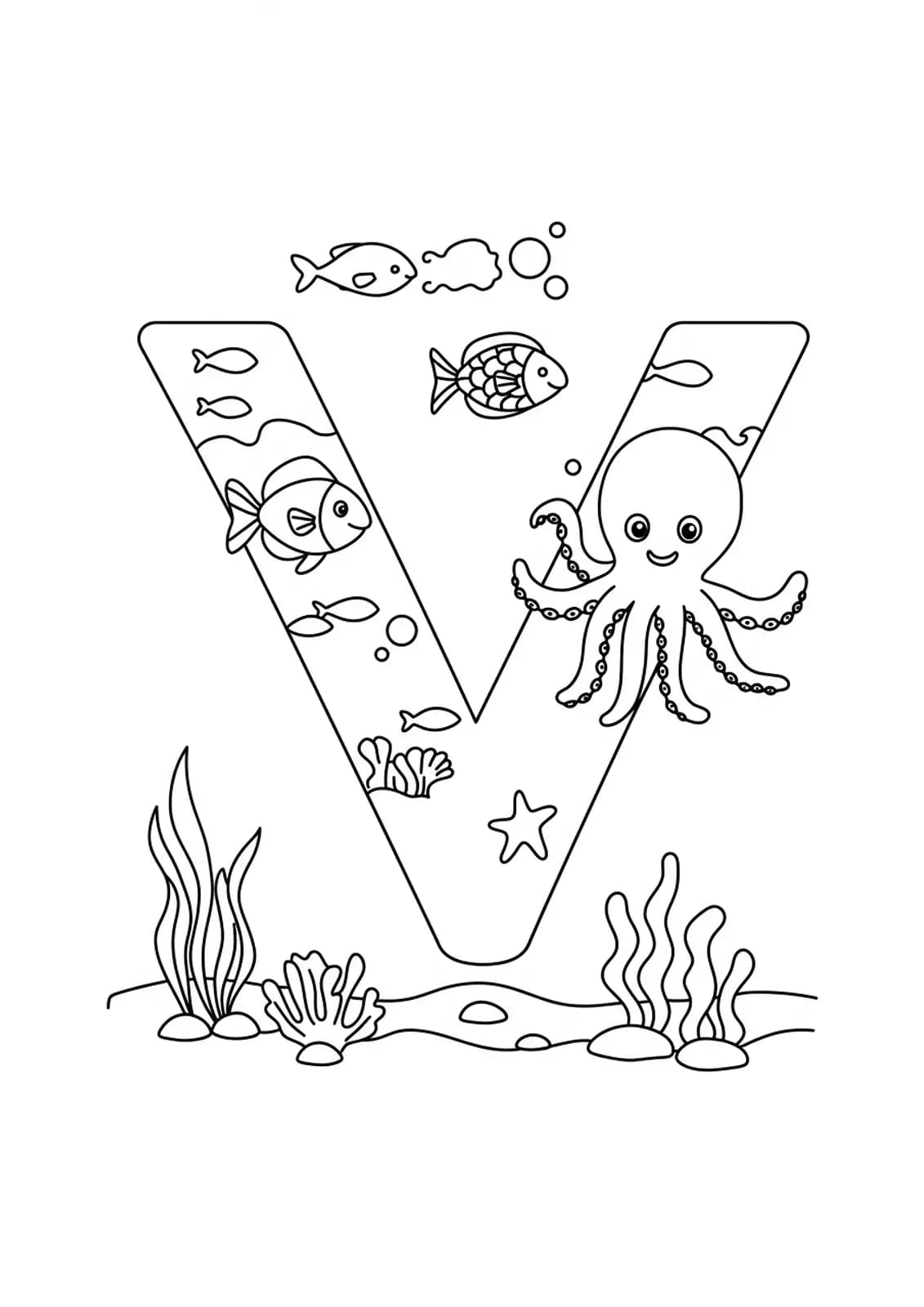Letter V with fish, seaweed, and a smiling octopus, ocean-themed easy coloring page.