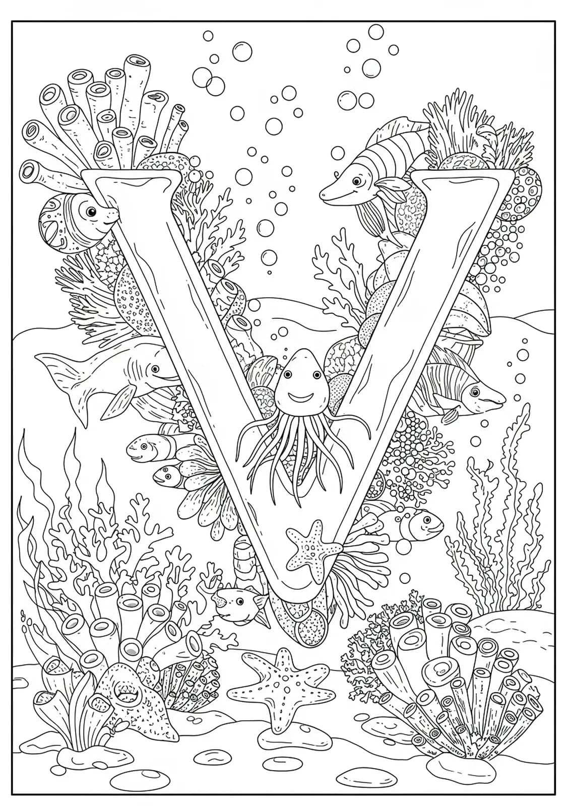 Intricate under the sea scene with the letter V, surrounded by detailed fish, seaweed, and coral, designed for hard-level coloring.