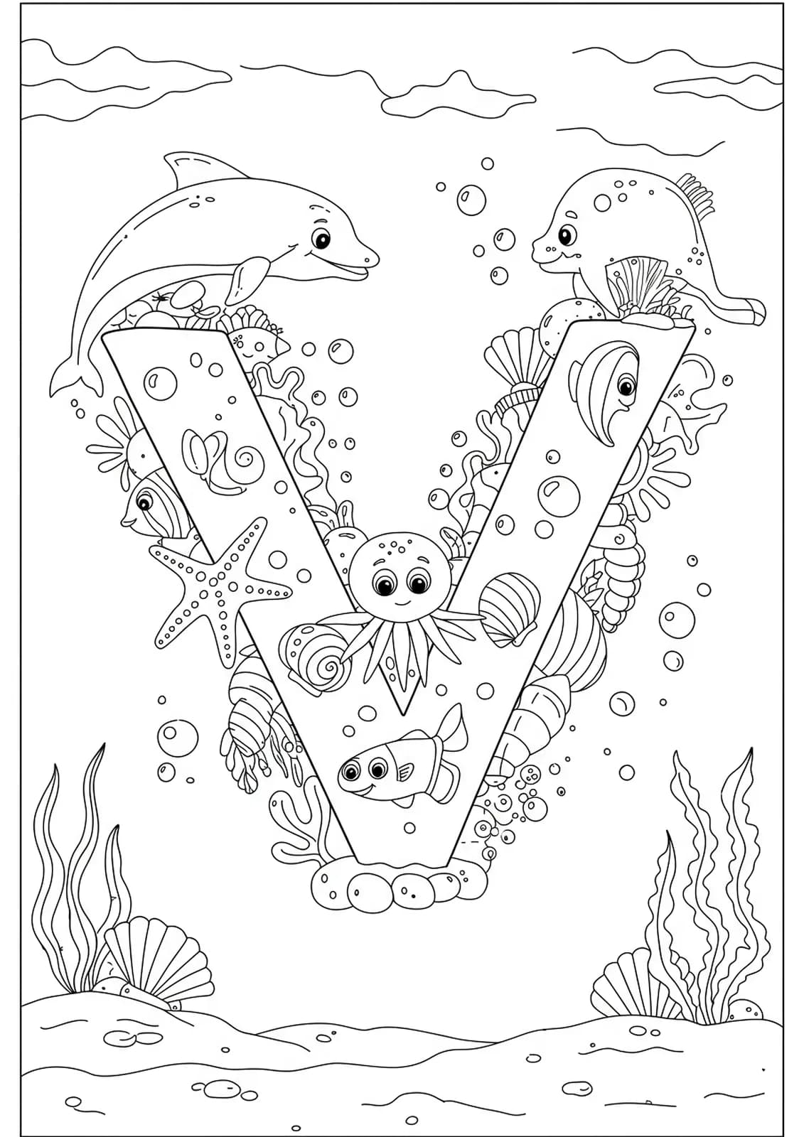 Intricate under the sea coloring page with the letter V and detailed ocean animals for preschoolers.