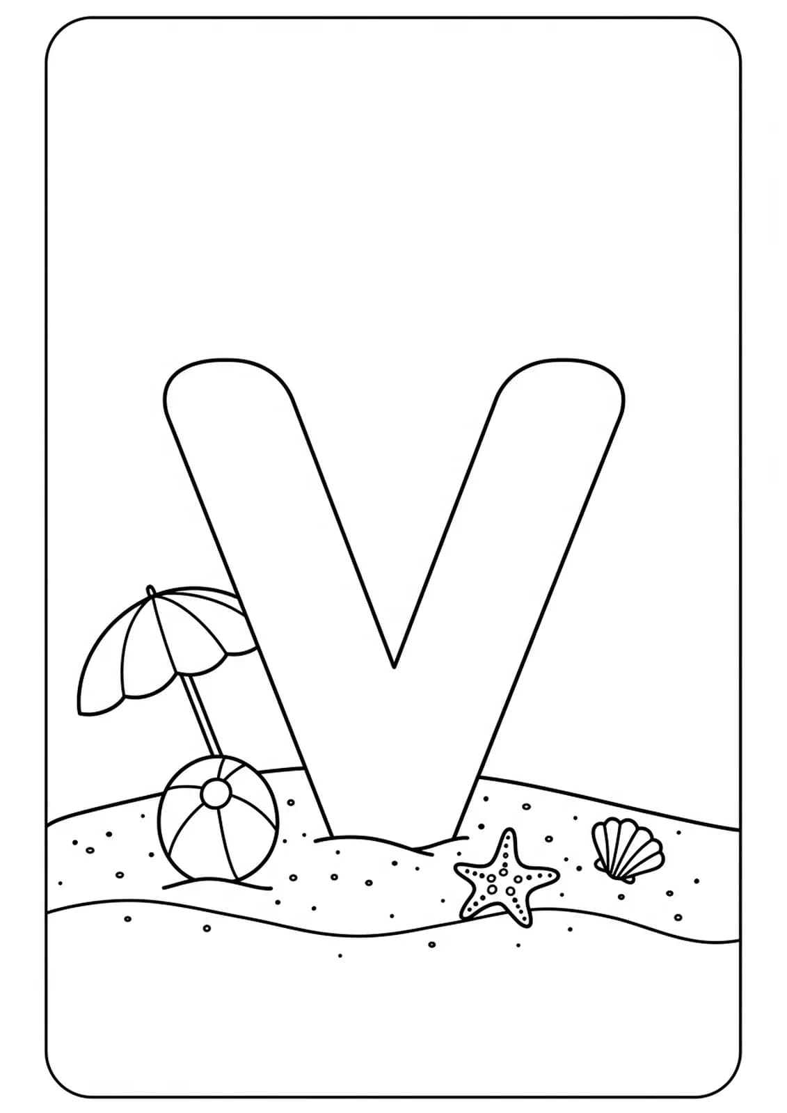 Letter V on a sandy beach with a beach ball, umbrella, and seashells, easy coloring page for kids.