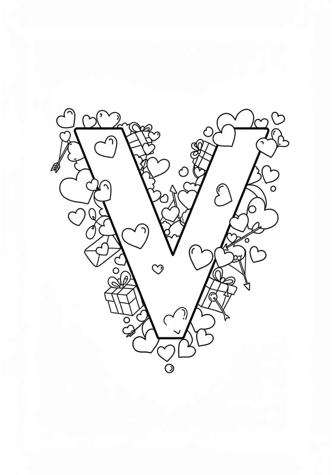 Large letter V with hearts, arrows, and Valentine’s Day gifts, easy coloring page for kids.