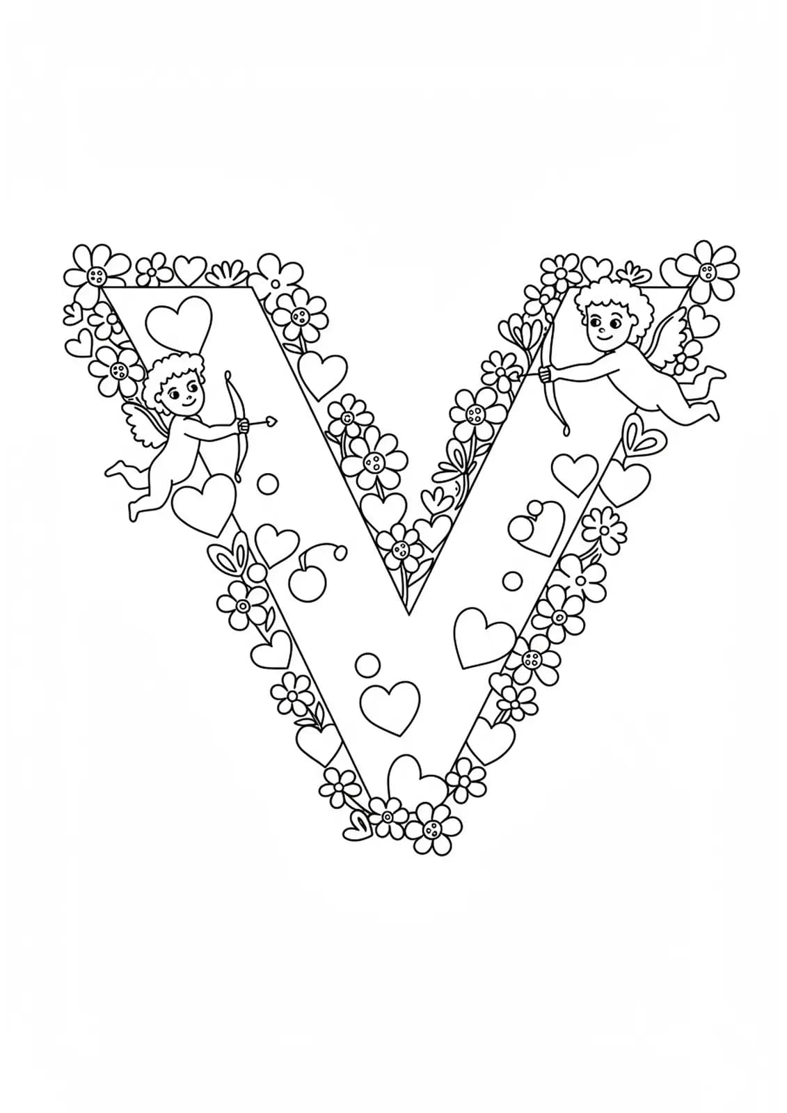 Large letter V decorated with hearts, flowers, and cupids for Valentine’s Day coloring page.