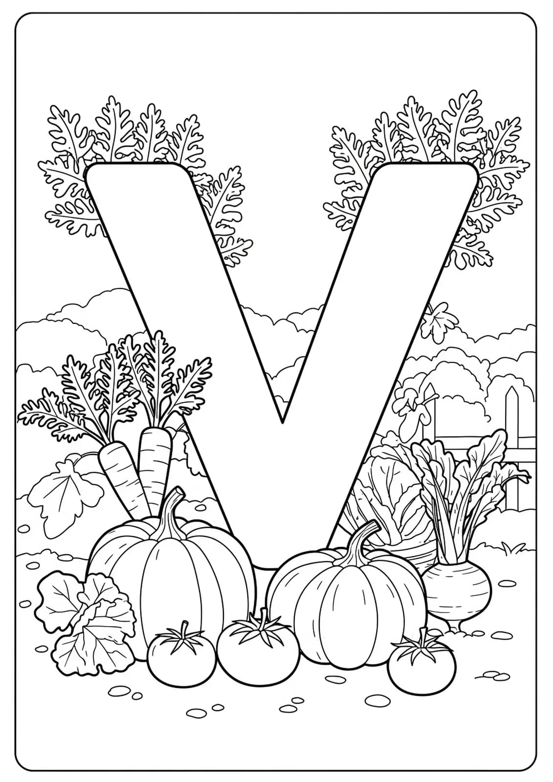 Letter V surrounded by carrots, pumpkins, tomatoes in a vegetable garden, easy coloring page for kids.