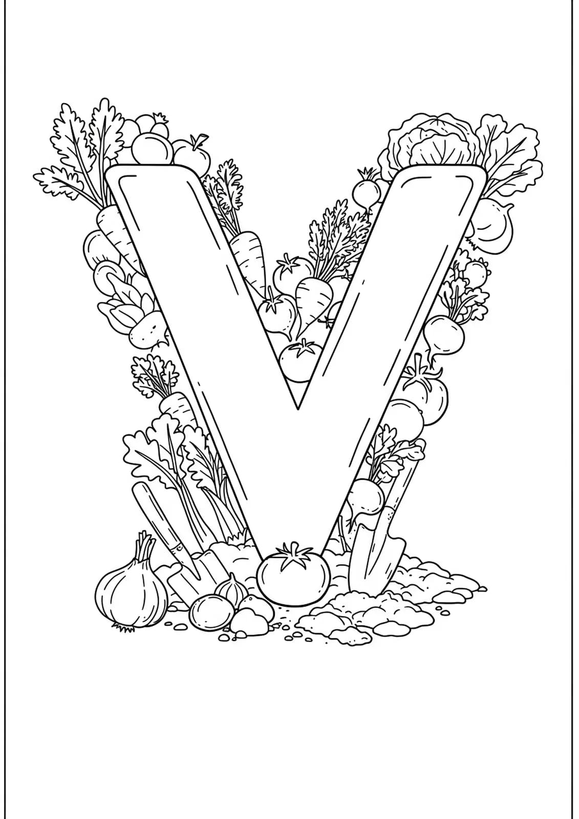 Large letter V with vegetables like carrots and tomatoes growing around it in a garden setting.