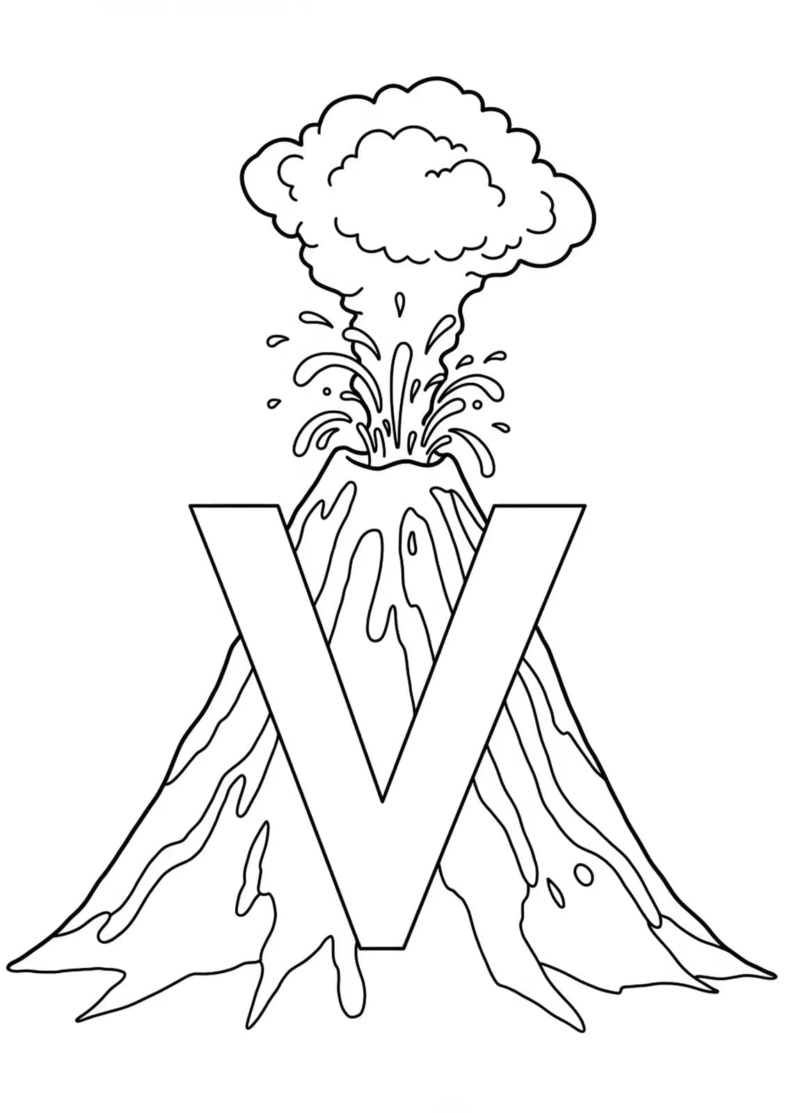 Large letter V with a volcano erupting behind it, easy coloring page for kids.