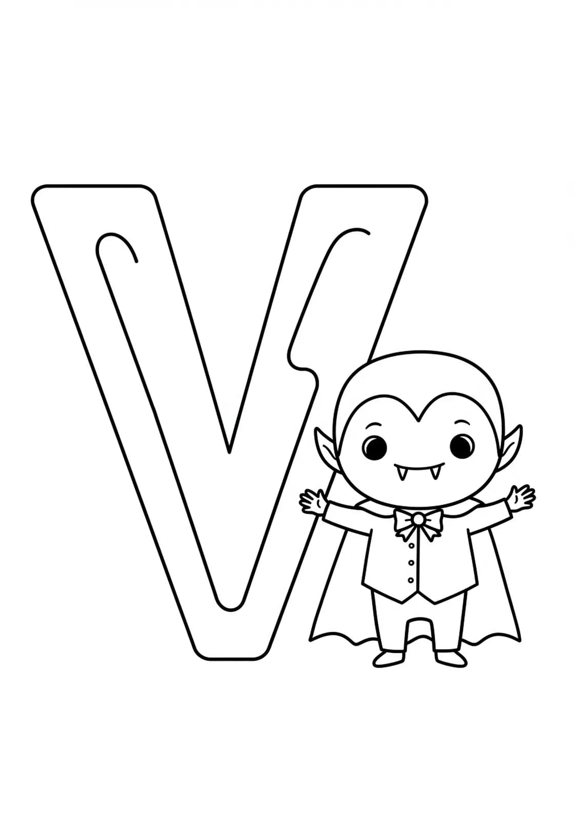 Large letter V and a smiling cartoon vampire for preschoolers to color.
