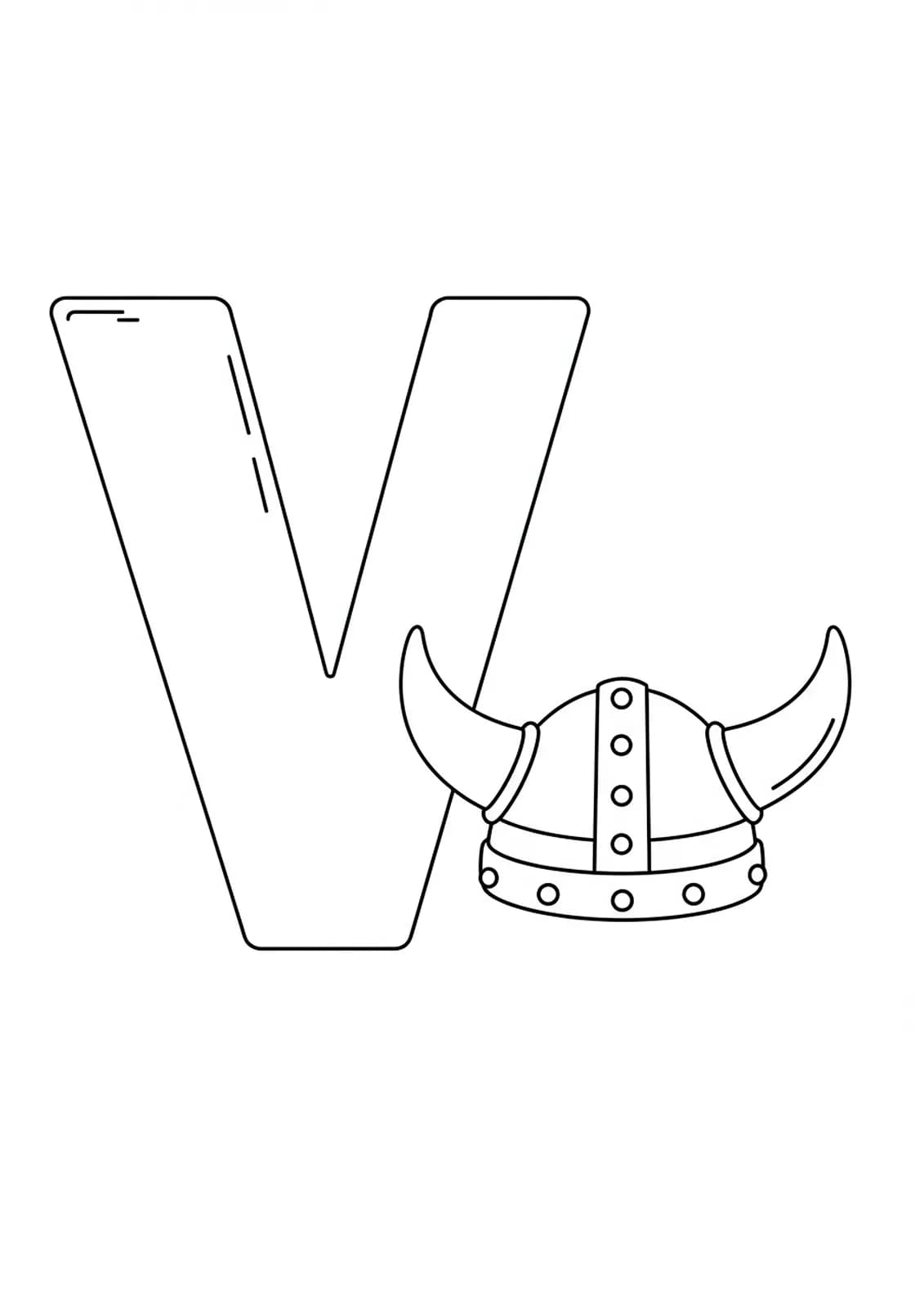 Large letter V with a simple Viking helmet for preschoolers to color.
