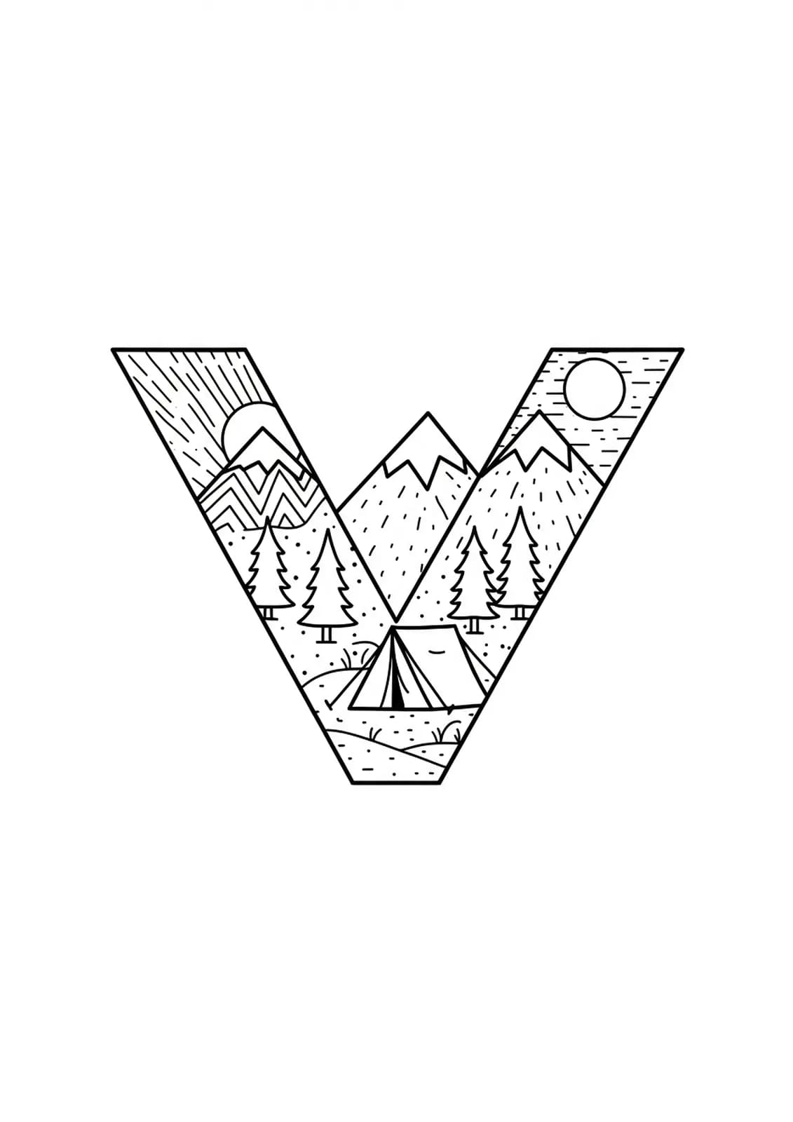Easy printable coloring page of letter V with mountain vacation theme for teens.