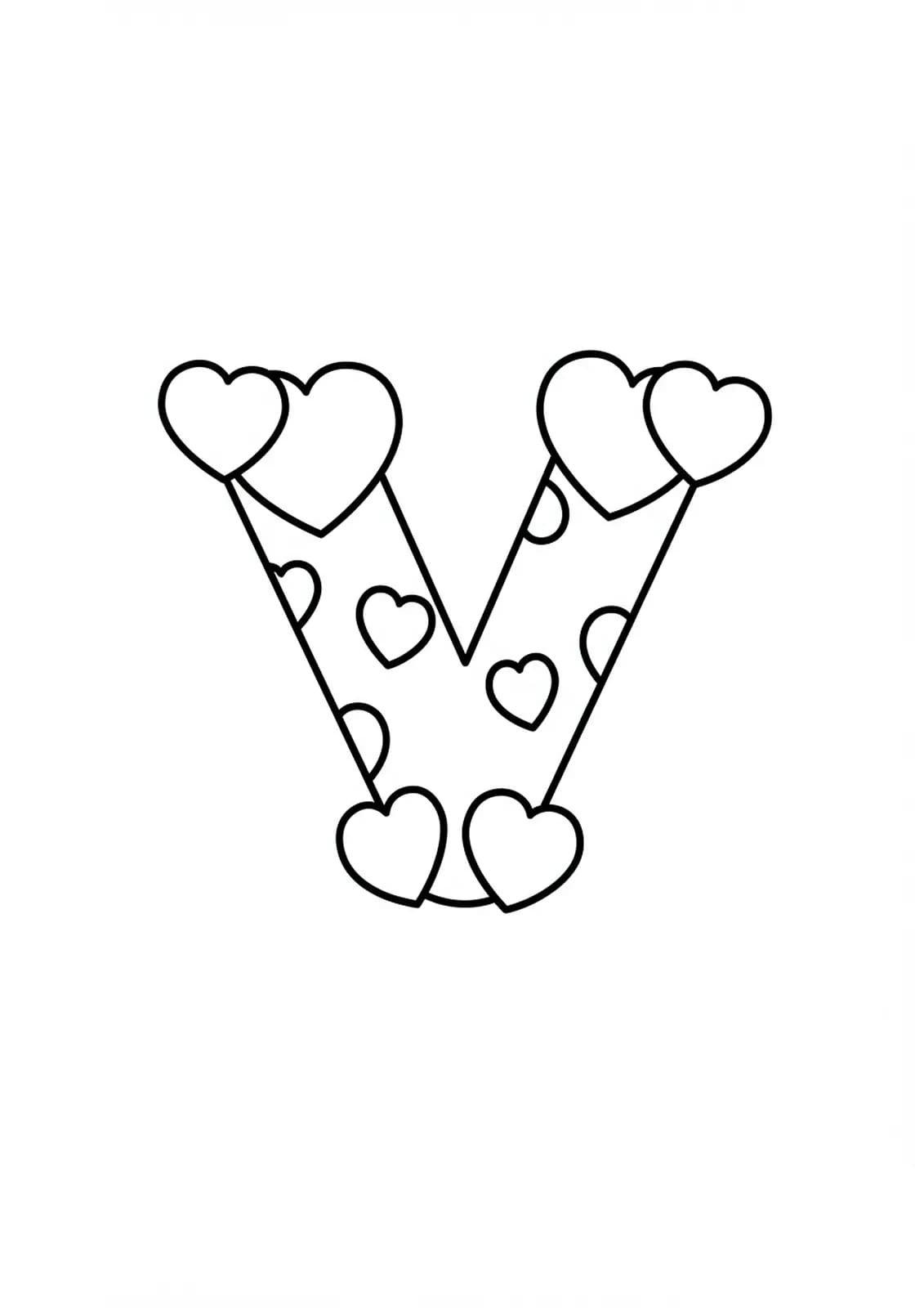 Large letter V with hearts around it on a simple coloring page for preschool.