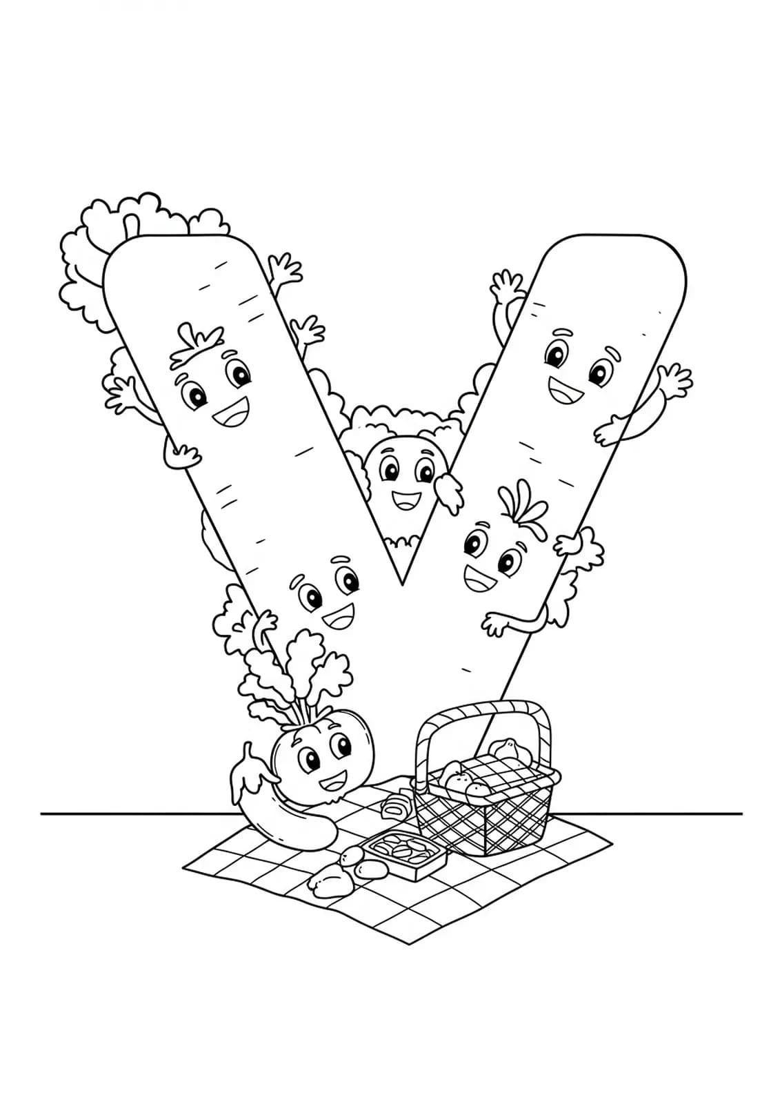 Large letter V with smiling vegetables, picnic basket, and blanket.
