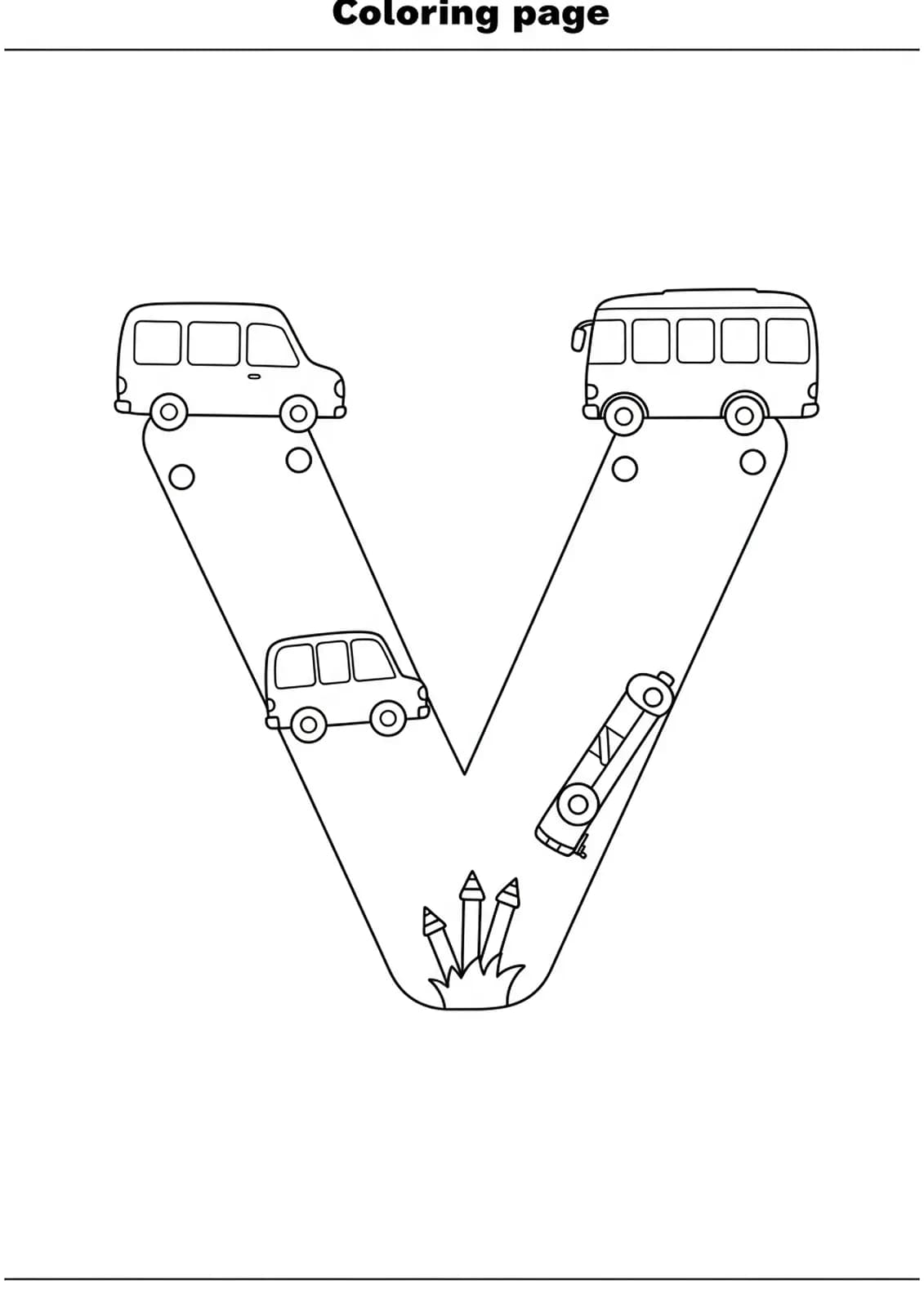 Large letter V with simple vehicle outlines like car, van, and bus for preschoolers.