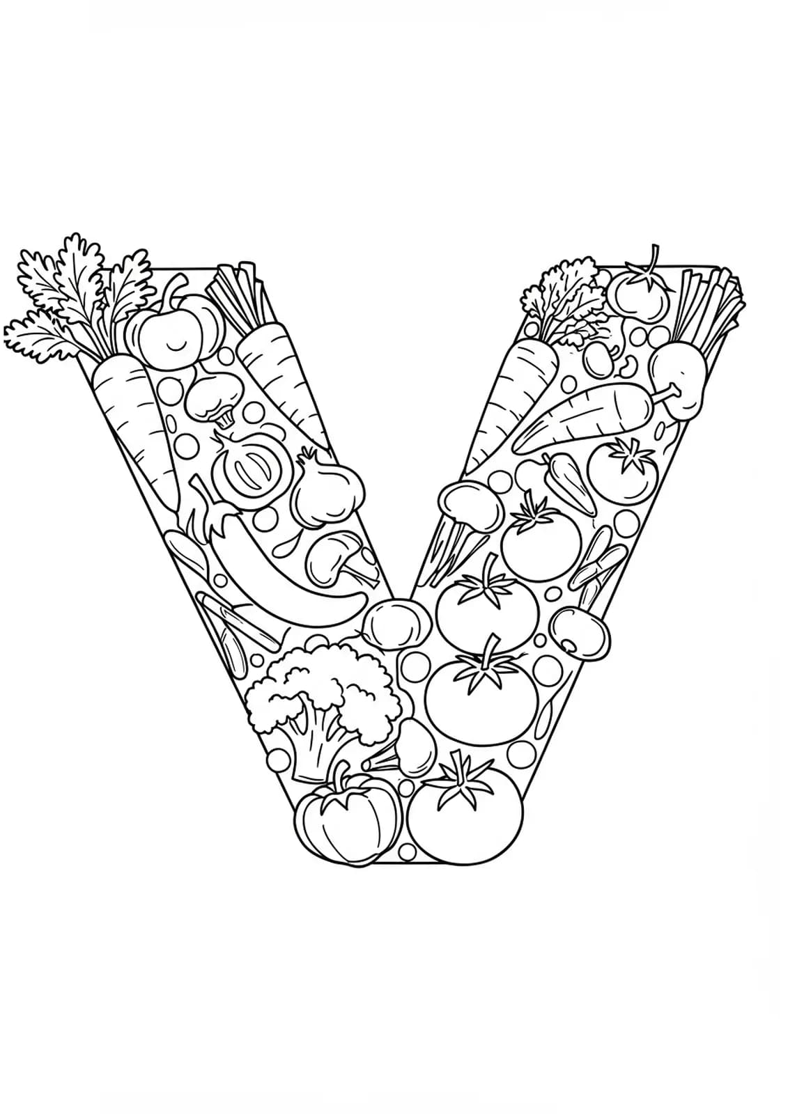 Black and white line art of the letter V surrounded by different vegetables with medium detail, designed for elementary children.