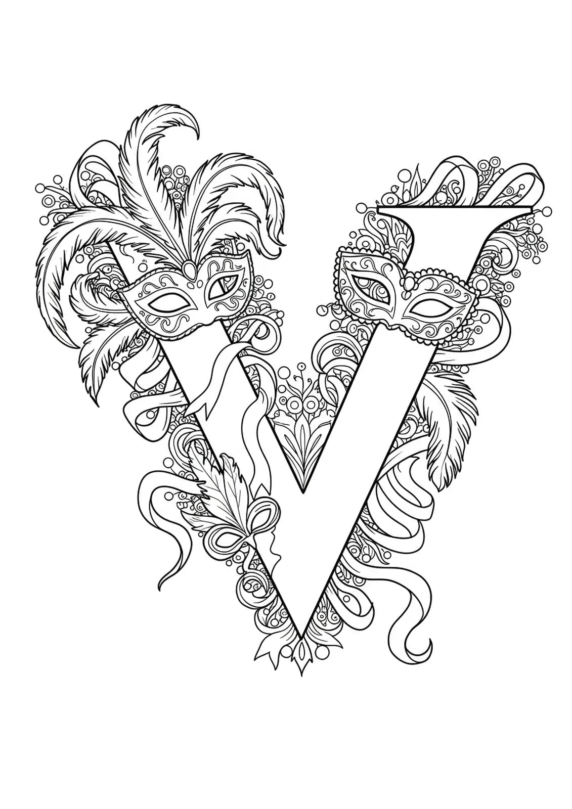 Line art of the letter V with detailed Venetian masks, feathers, and ribbons for adult coloring.