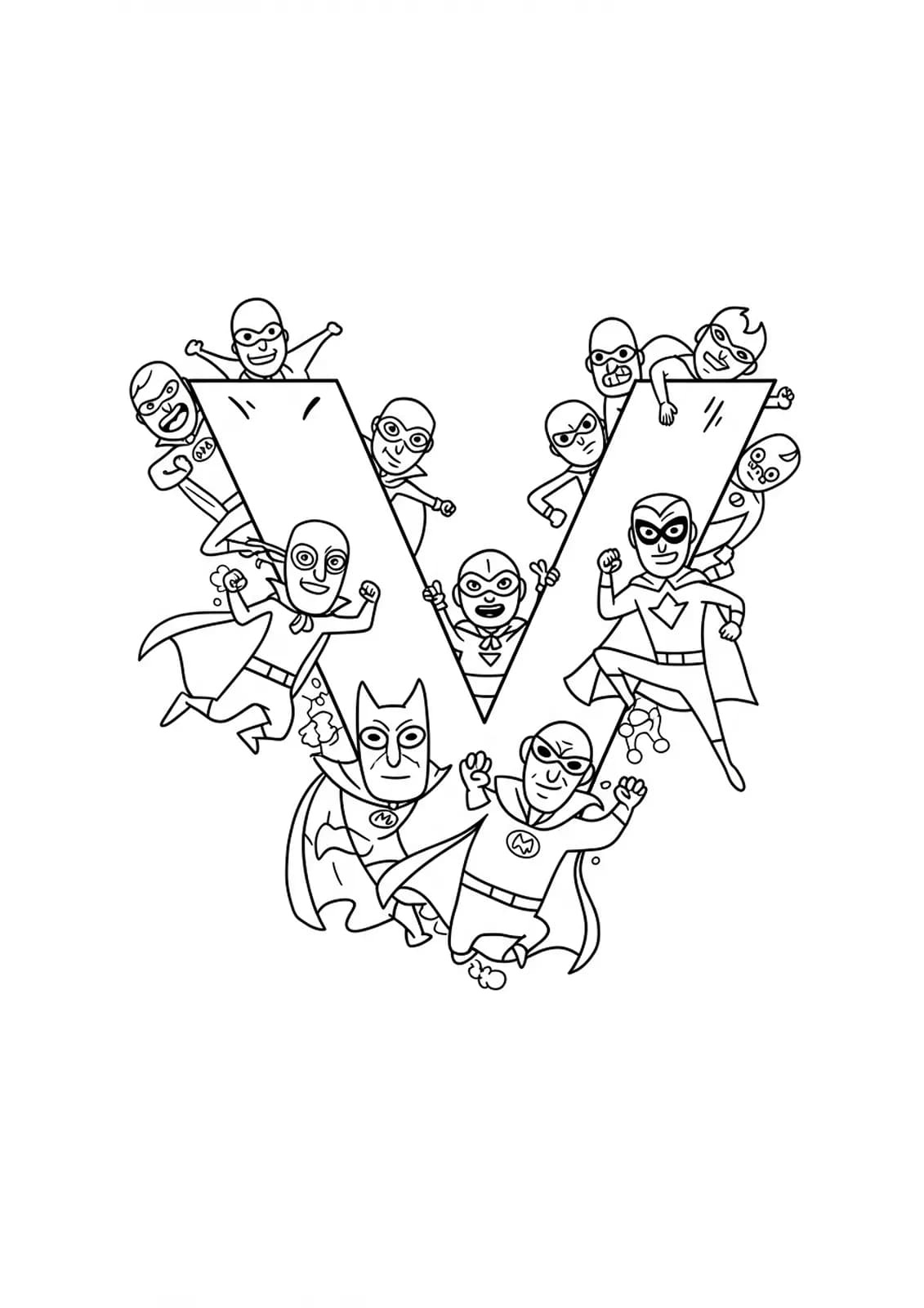 Outline drawing of the letter V with cartoon villains in masks and capes, action effects, medium detail for elementary kids.