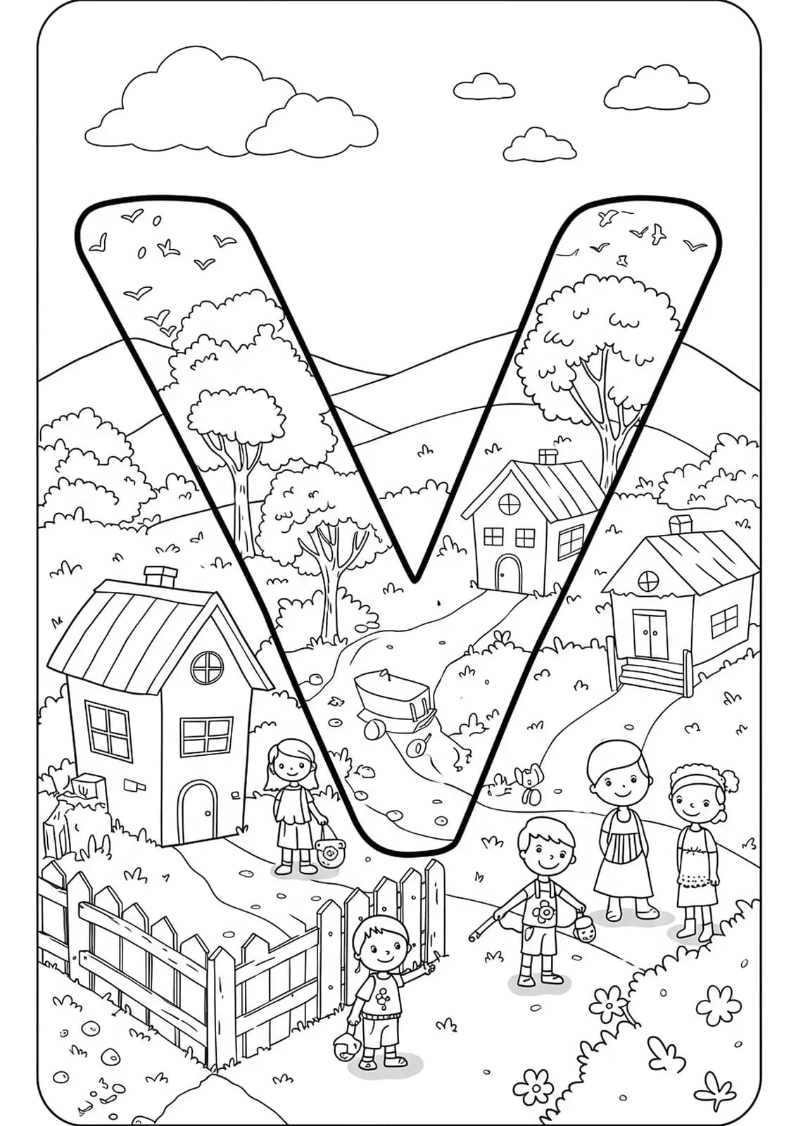 Large letter V in a village scene with simple houses, trees, and people.