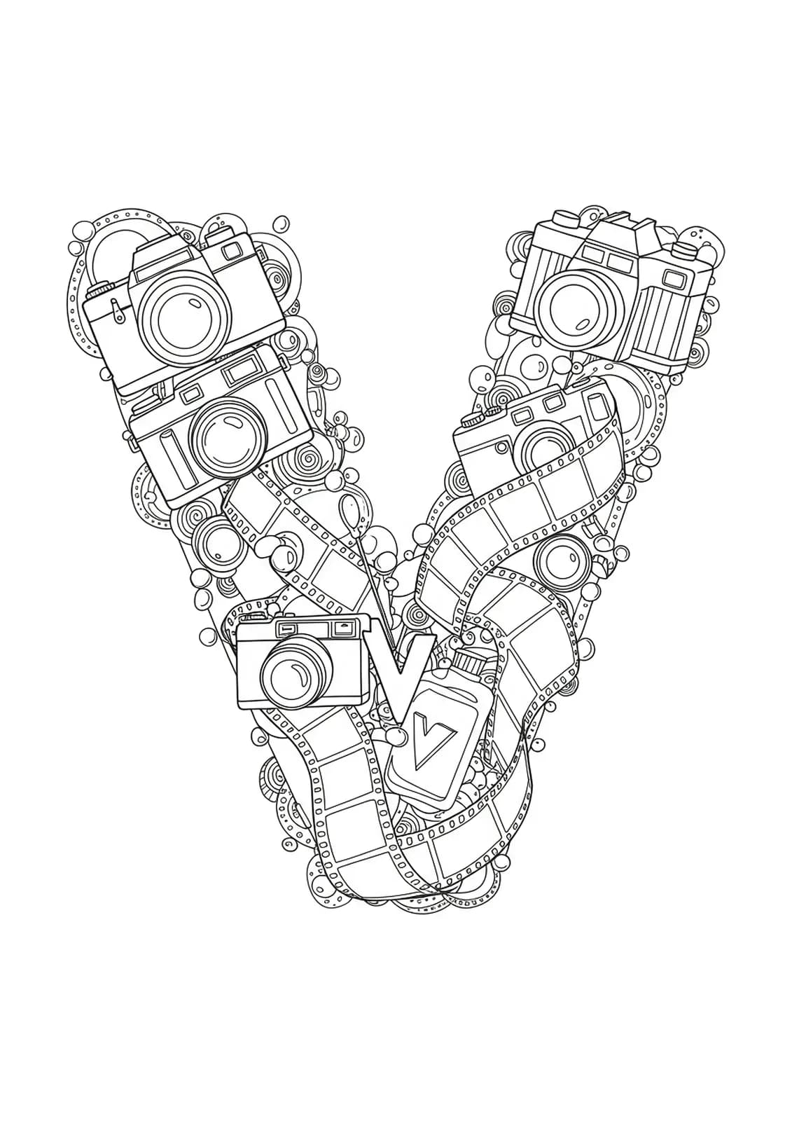 Line art of the letter V decorated with vintage cameras and film reels for adult coloring.