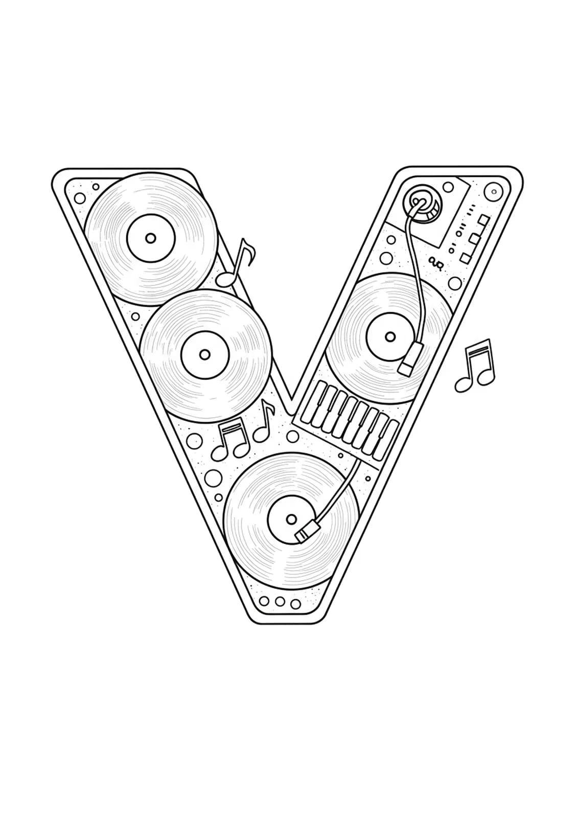 Printable coloring page of letter V with vinyl records and music notes for teens.