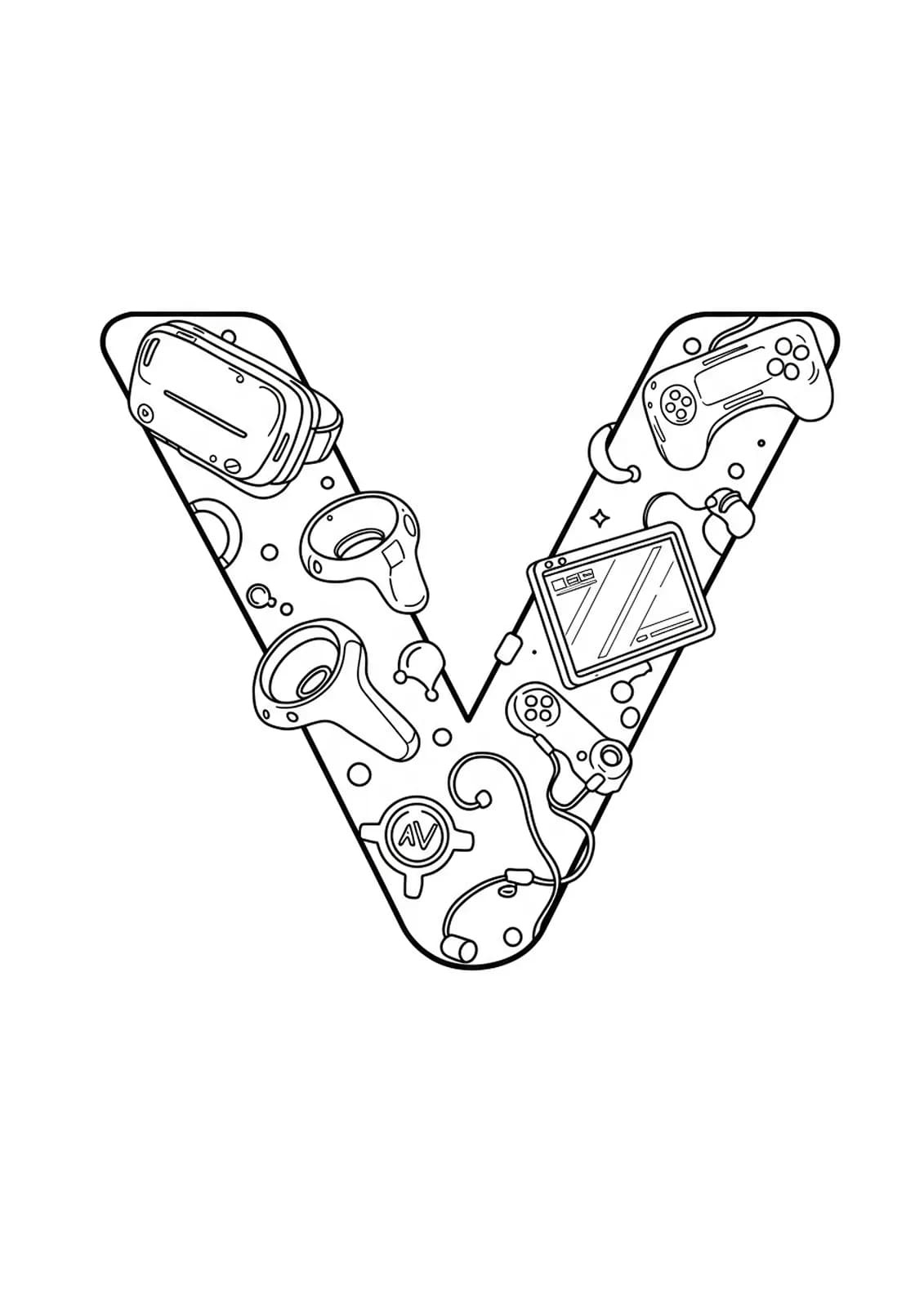 Printable coloring page of letter V with virtual reality gaming elements for teens.