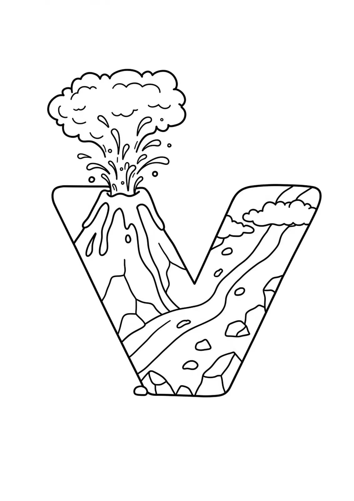 Large letter V next to a volcano erupting with lava and smoke.