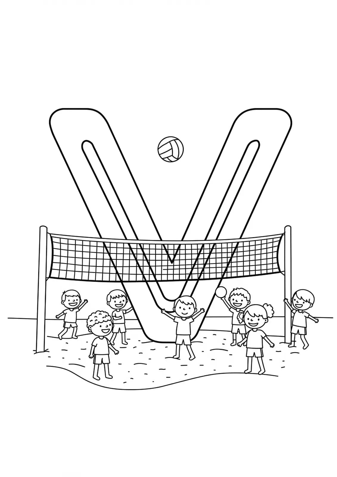 Large letter V with a volleyball net, ball, and children playing.