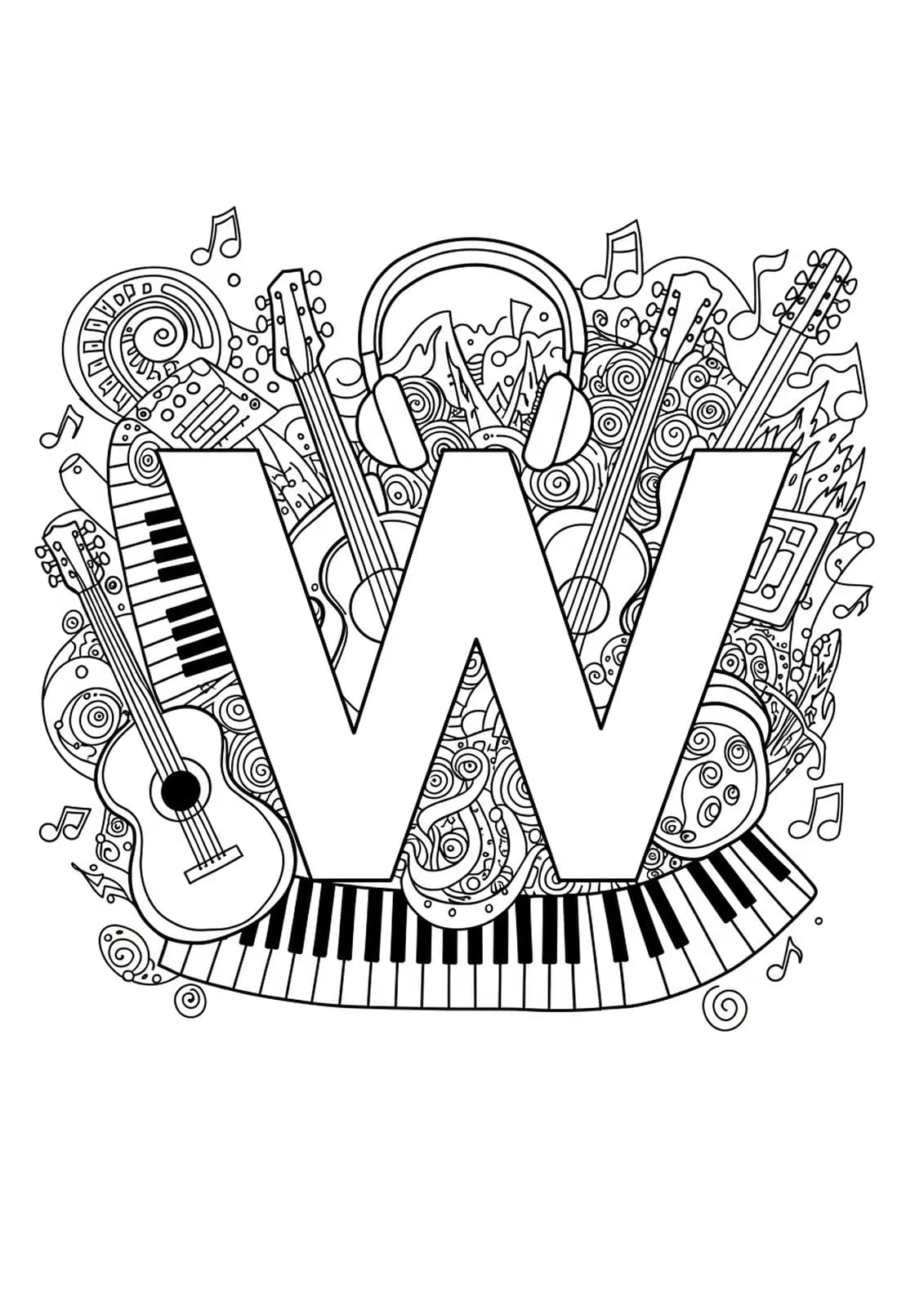 Complex letter W coloring page filled with detailed music icons, instruments, and swirling patterns