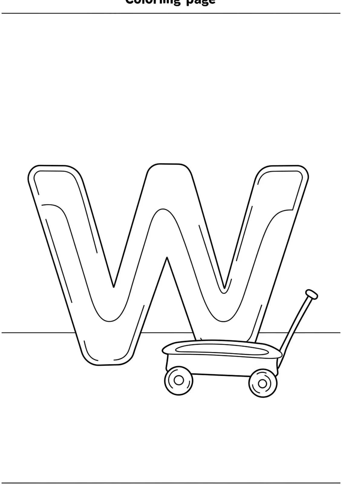 Letter W with a simple wagon for vehicle-themed coloring page.