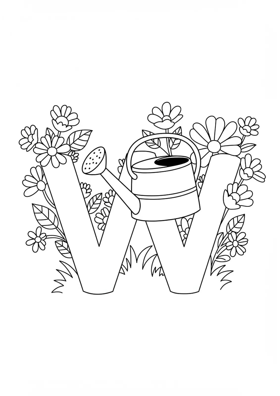 Large letter W with a watering can pouring water on flowers