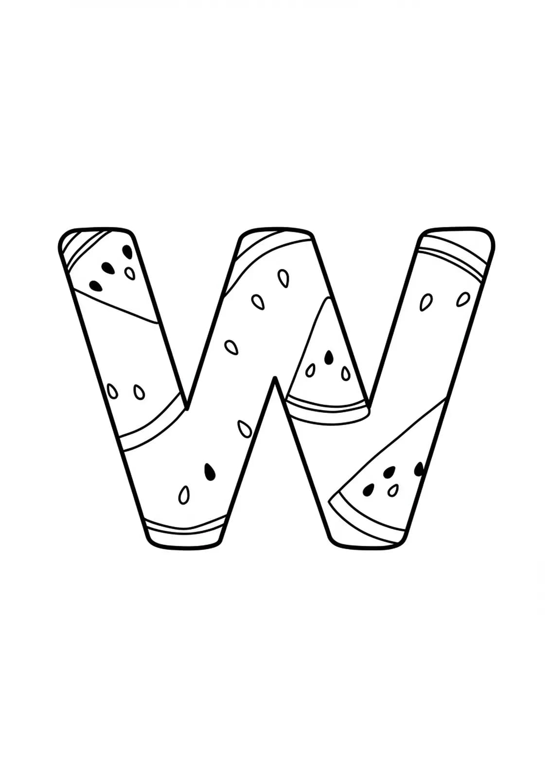 Letter W with watermelon slices for summer food coloring page.