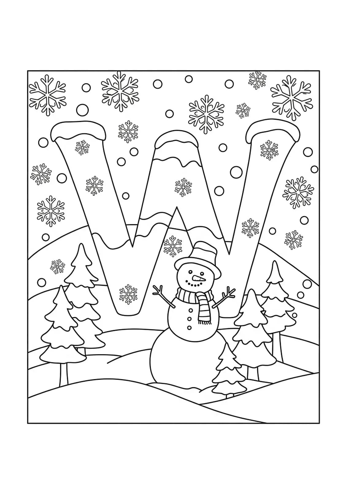 Letter W with snowflakes, snowman, and trees for winter coloring page.