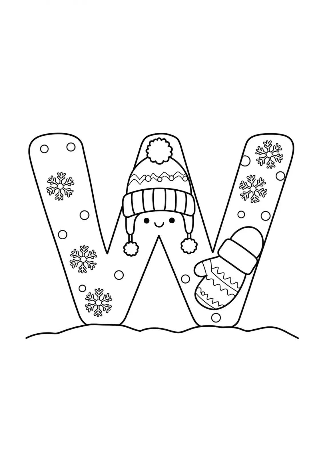 Large letter W with snowflakes, a woolly hat, and mitten for winter theme