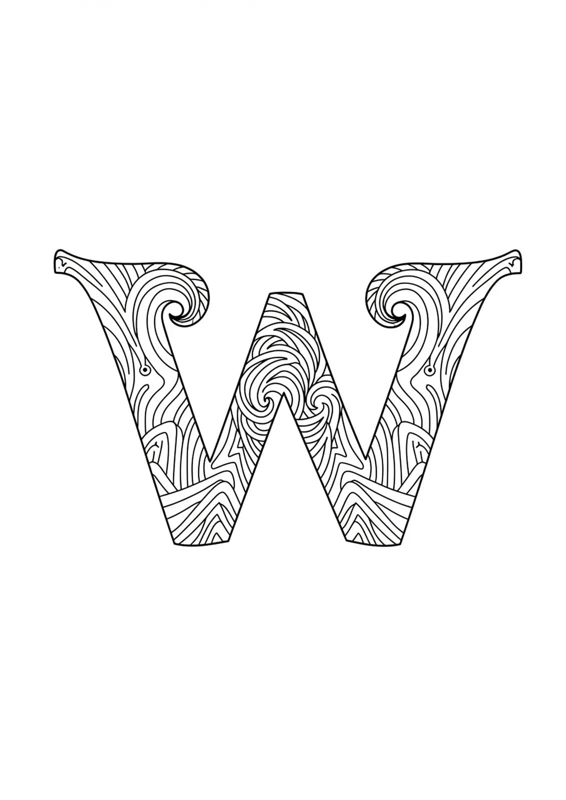 Large letter W with surrounding wave patterns in simple line art.