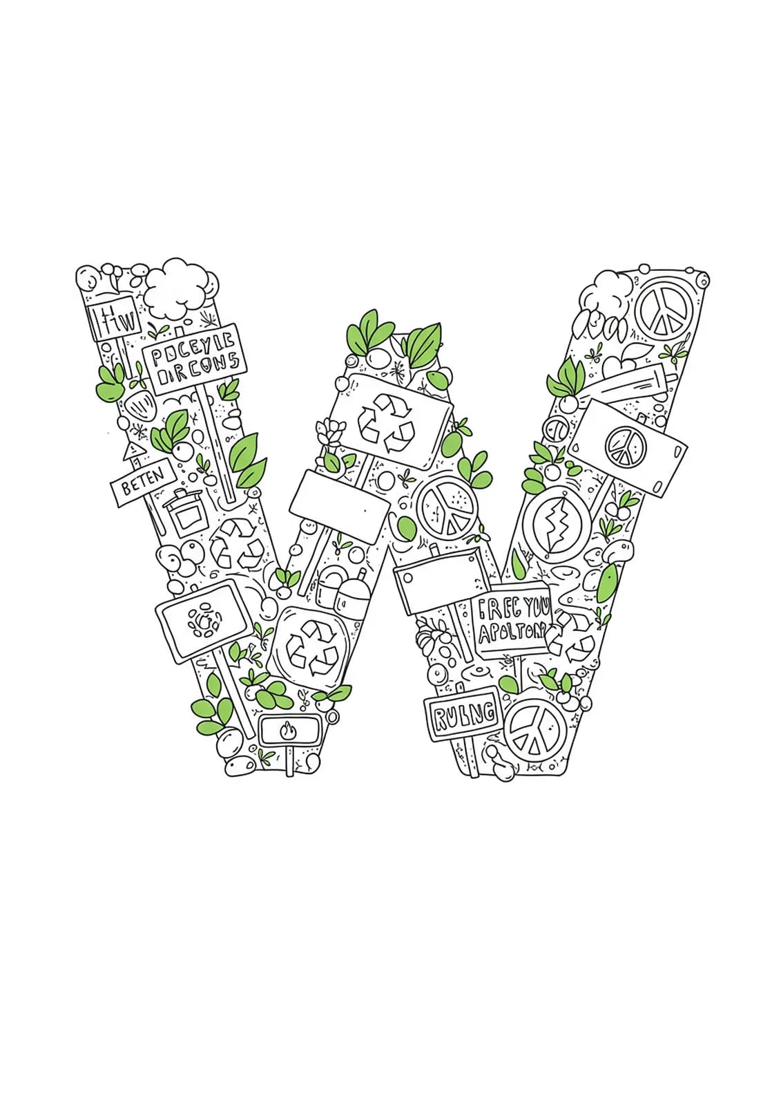 Letter W with protest signs, recycling symbols, leaves, and peace icons.