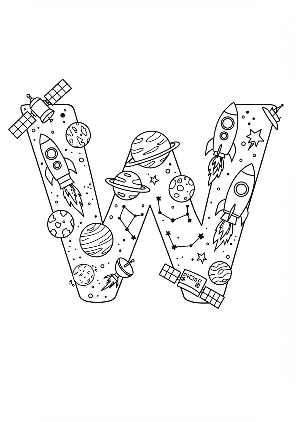 Letter W surrounded by rockets, planets, and space elements.