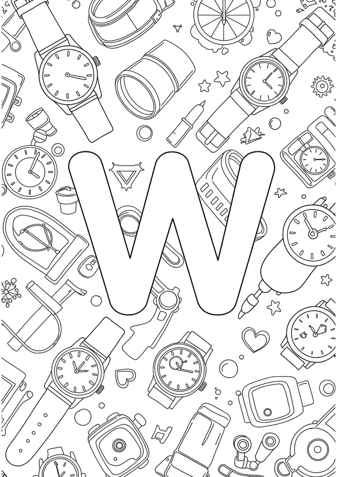 Large letter W with simple watch and wrist accessory outlines surrounding it.