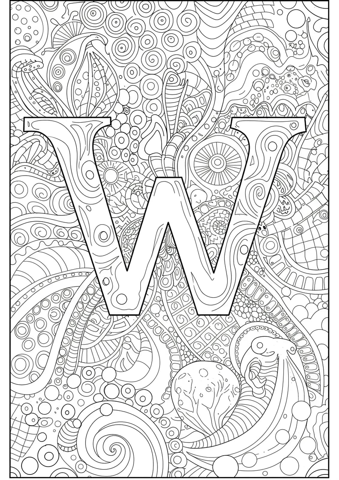 Letter W with surrounding simple abstract and geometric patterns in line art.