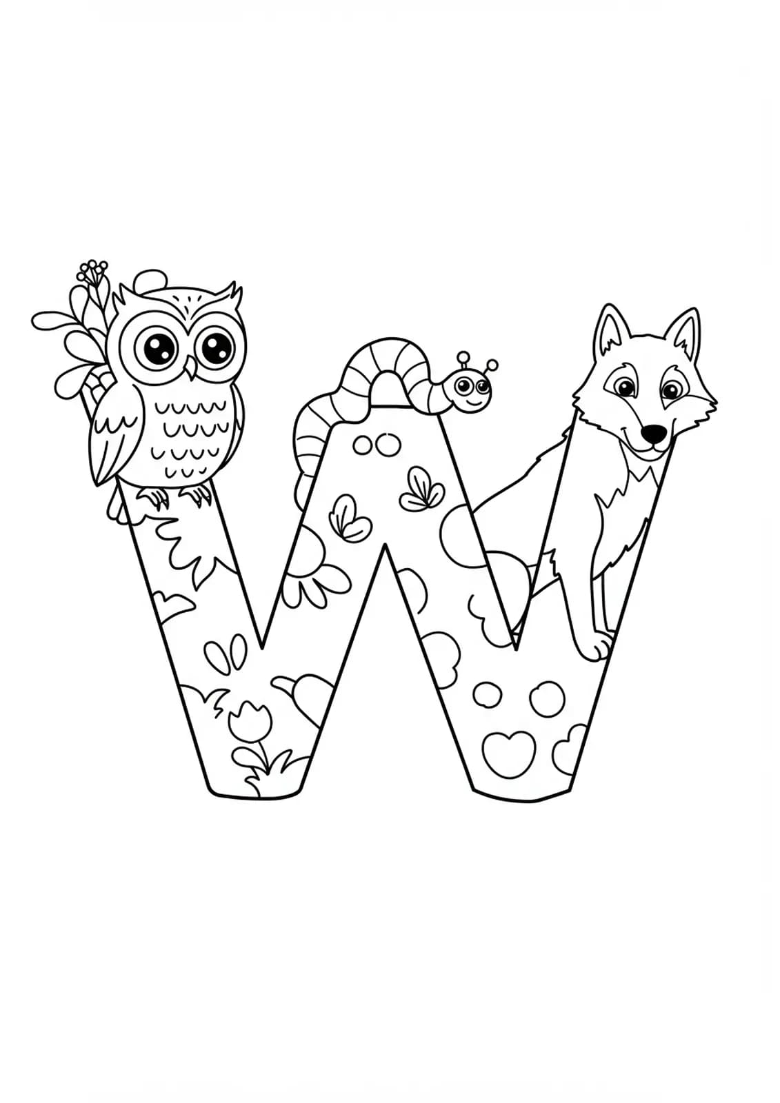 Letter W surrounded by woodland animals: owl, worm, and wolf, designed for preschool coloring.