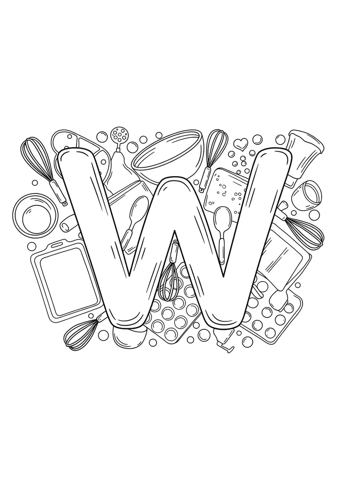 Outlined letter W with whisks, bowls, and baking trays in simple line art.