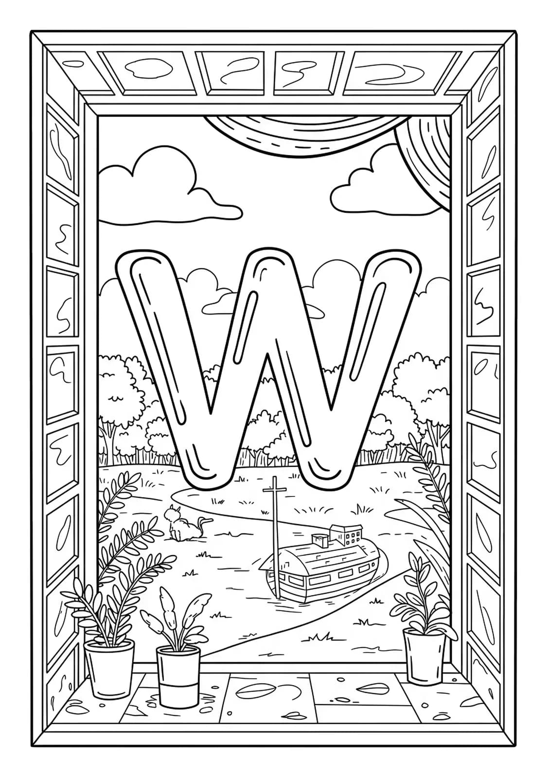 Outlined letter W with windows showing basic scenic views in easy line art.