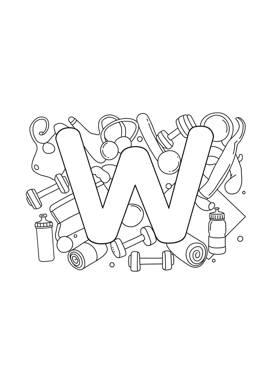 Outlined letter W with simple images of dumbbells, yoga mats, and water bottles.