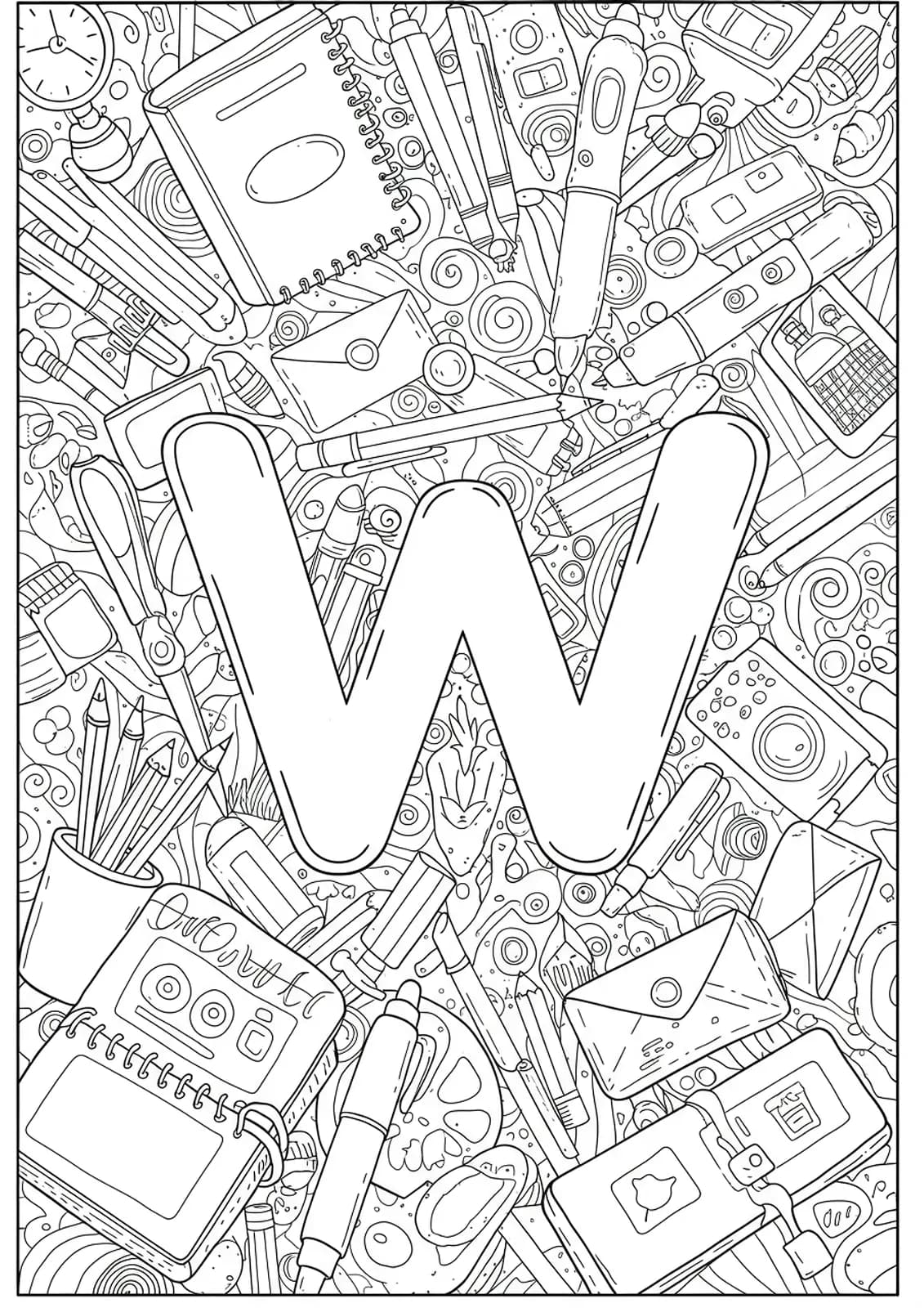 Outlined letter W with pens, pencils, and journals in easy line art.