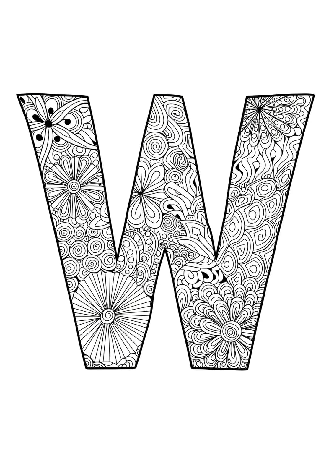 The letter W filled and surrounded by complex Zentangle patterns and abstract doodles in a hard adult coloring page.