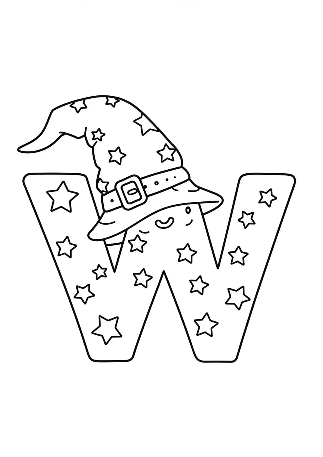 Large letter W with a wizard hat and stars in a simple fantasy style