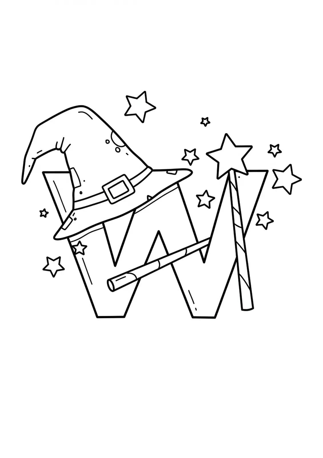 Letter W with a wizard hat, magic wand, and stars.
