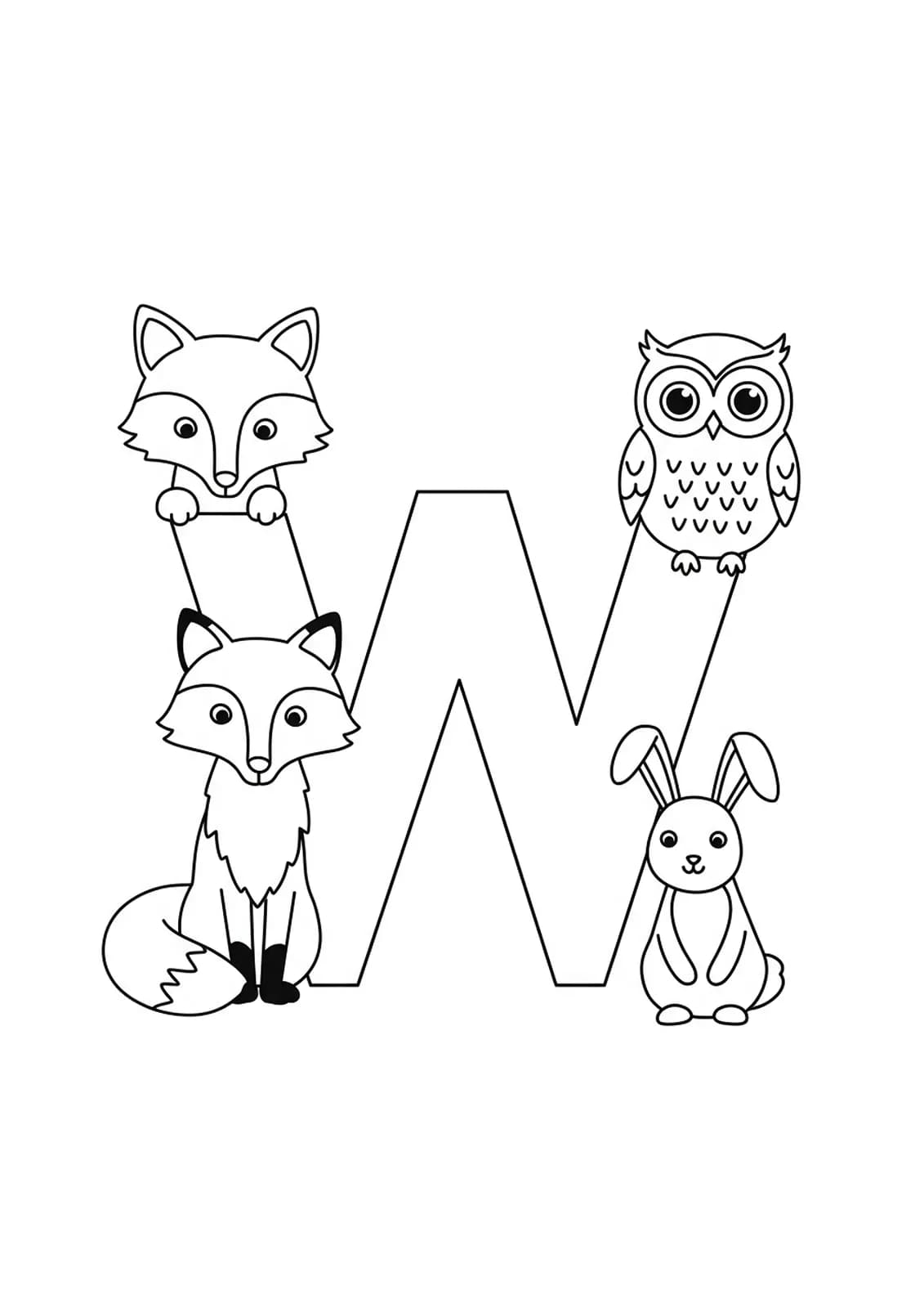 Letter W with woodland animals like a fox, owl, and rabbit.