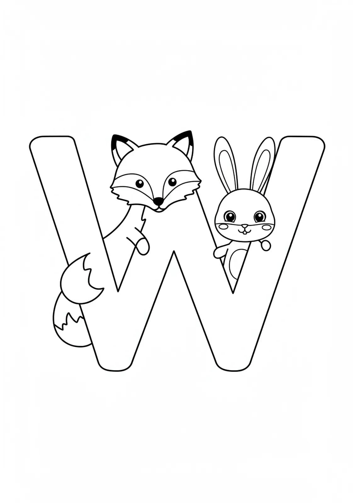 Large letter W with simple woodland animals such as a fox and rabbit