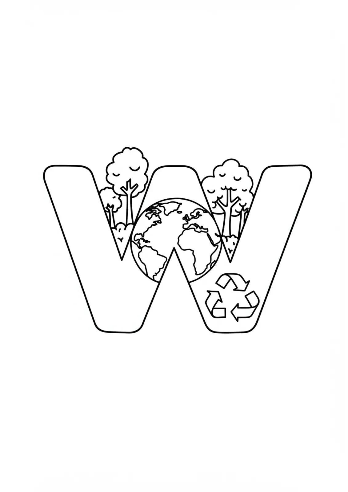 Letter W with a globe, trees, and recycling symbol for Earth Day.