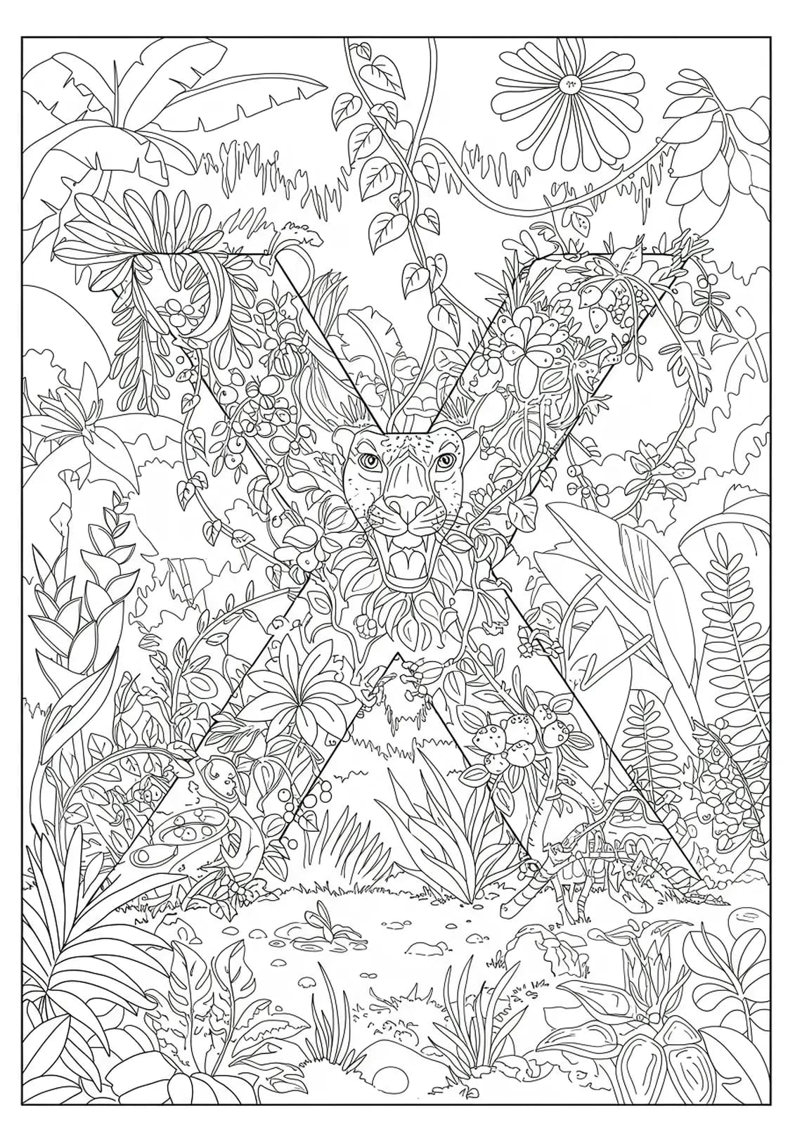 Letter X covered in detailed jungle plants, vines, and small exotic animals, designed with intricate patterns for adults.