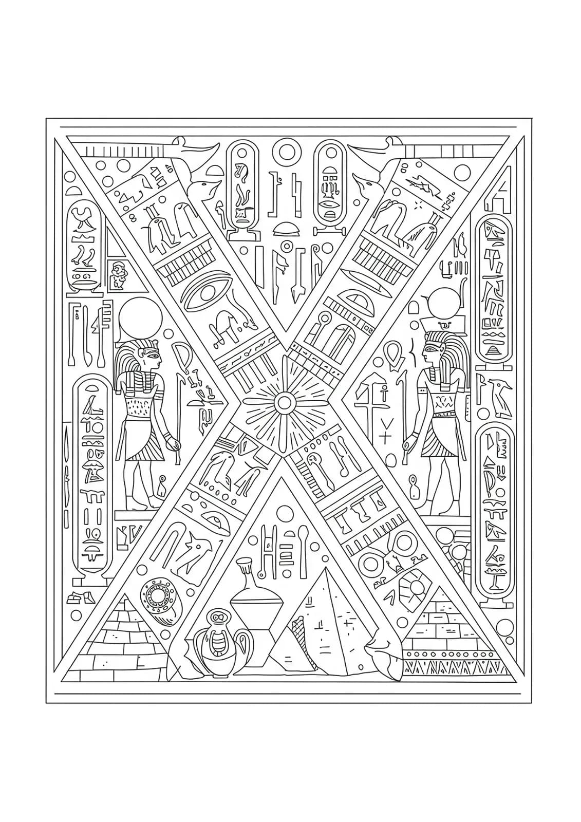 A detailed medium coloring page with the letter X surrounded by Ancient Egyptian symbols, pyramids, and artifacts.